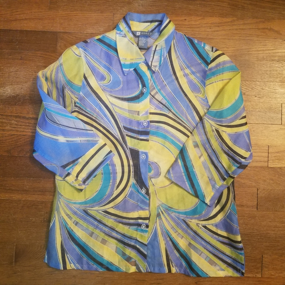 Womens Koret Casual Button Down Linen Rayon Sheer Geometric Swirl Colorful Artsy